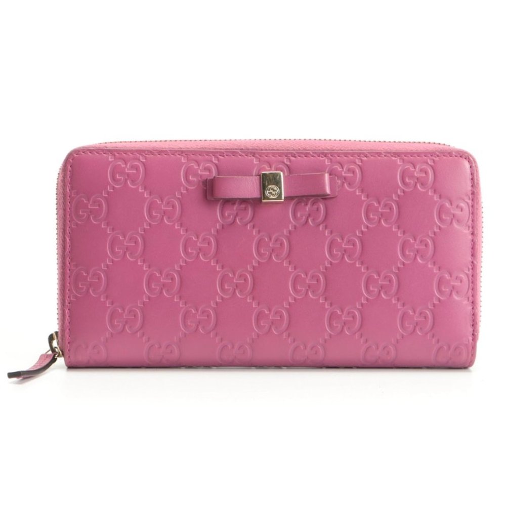 Gucci Bow Guccissima Pink Leather Zip Wallet